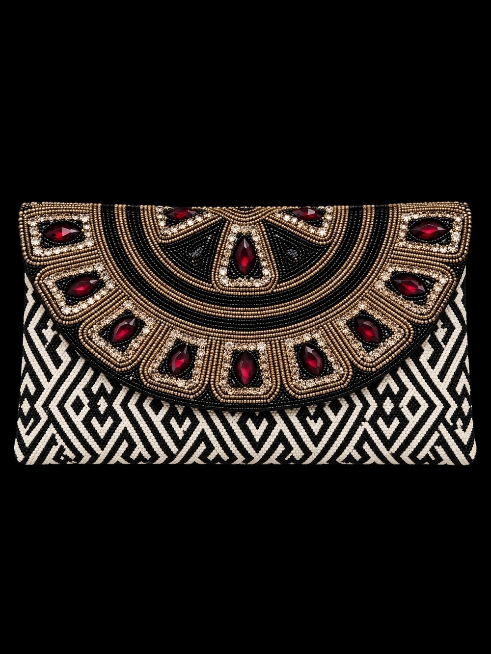 Beaded Black & White Geometric Clutch with Gold Beadwork and Ruby Accents